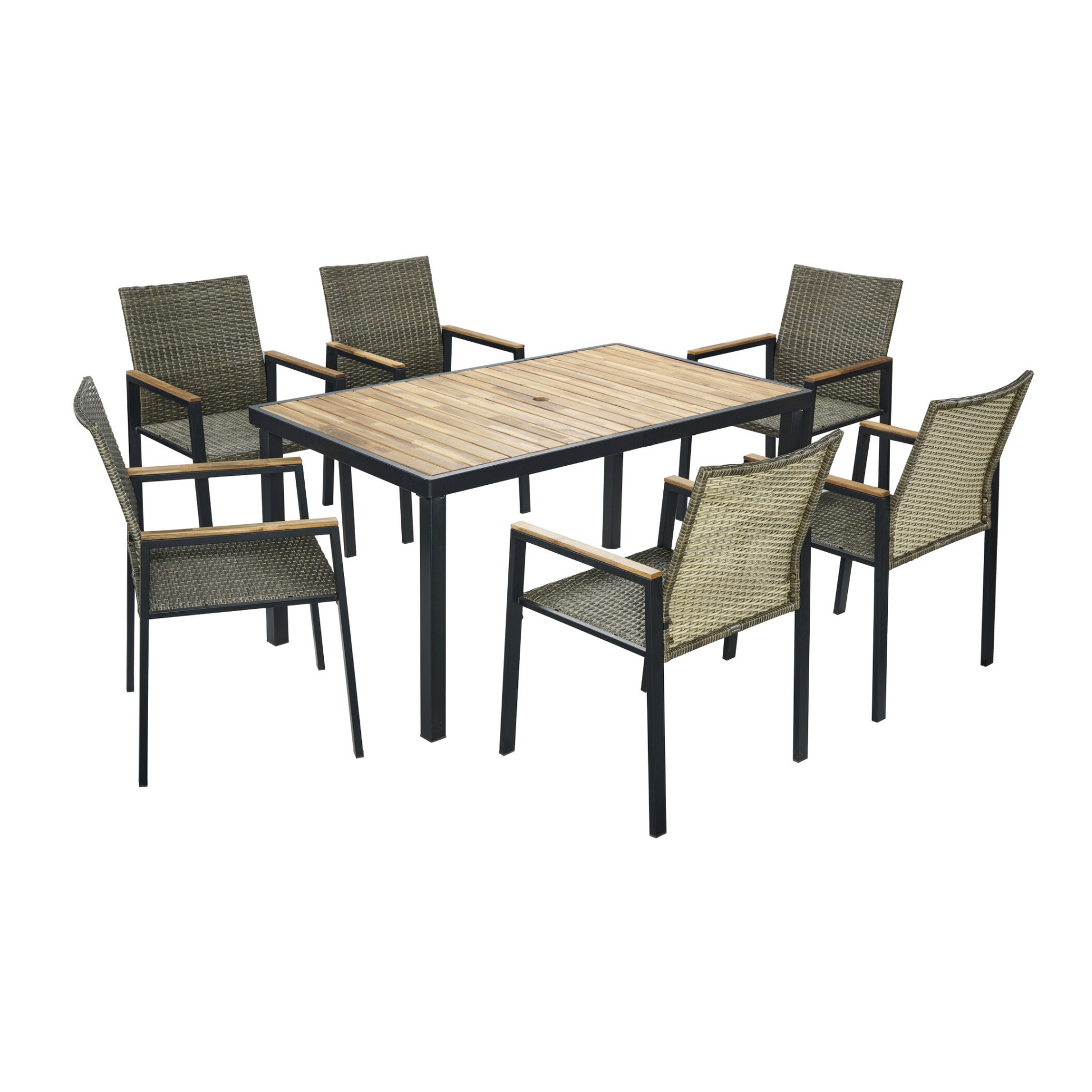 All Weather 7-Piece Patio Dining Table Sets, Patio Conversation Set Acacia Wood Table Top with Umbrella Hole, Rattan Outdoor, Brown Gray Color image 10