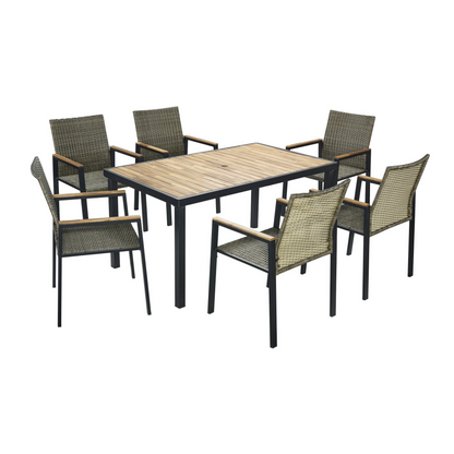 All Weather 7-Piece Patio Dining Table Sets, Patio Conversation Set Acacia Wood Table Top with Umbrella Hole, Rattan Outdoor, Brown Gray Color image 10