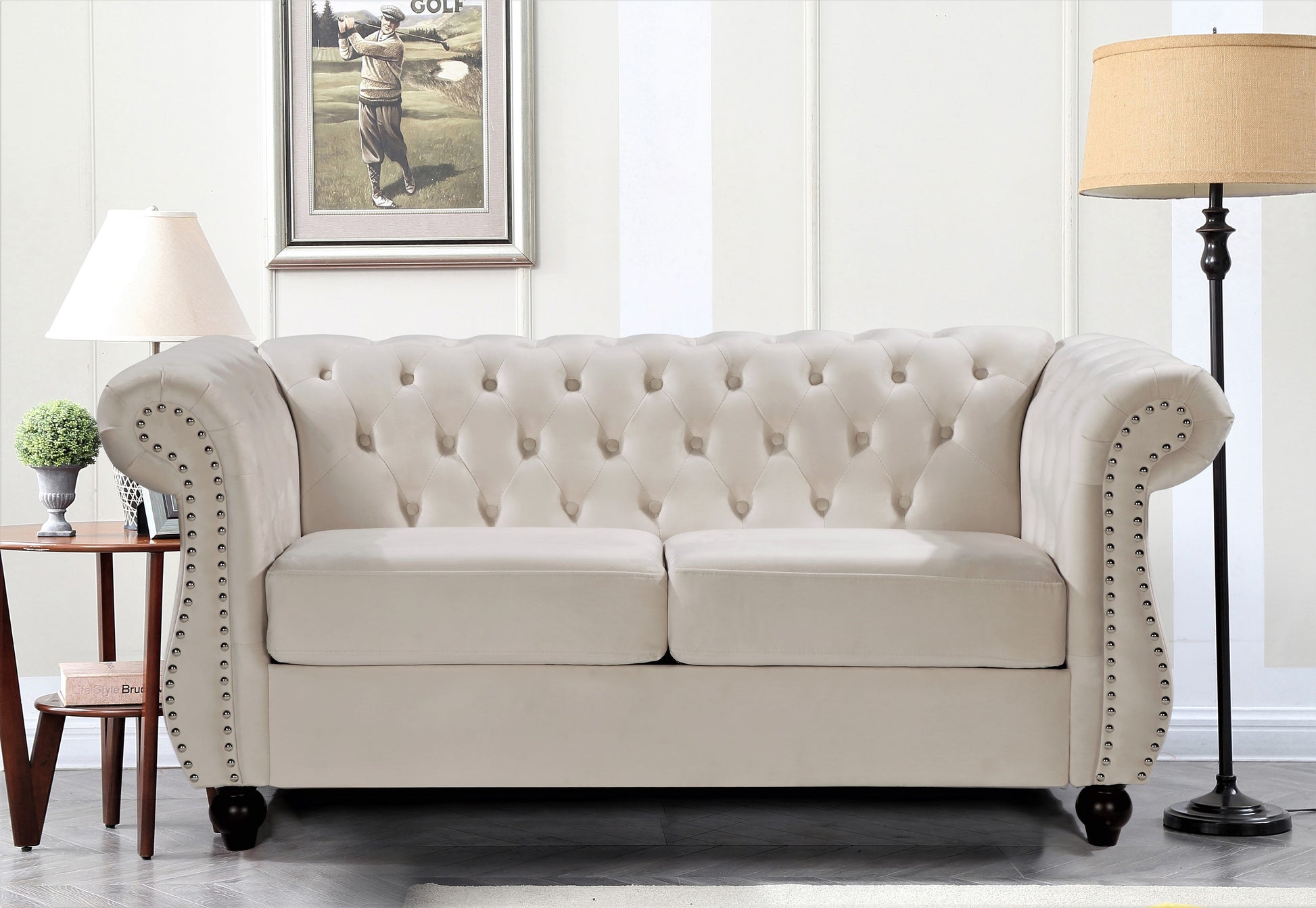 Chesterfield Crushed Velvet Accent Chair, Button Tufted Single Sofa Chair with Rolled Arms, Wood Tapered Legs, High Density Foam Spring Support, Comes with Matching Bolster image 1