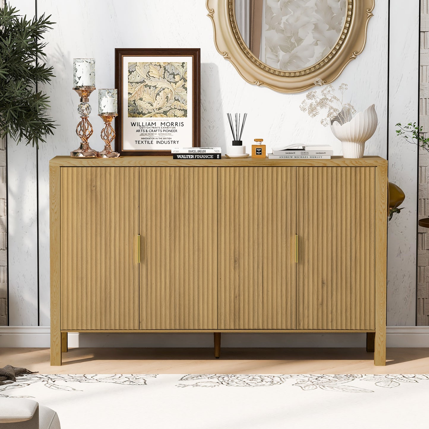 U_STYLE Modern 57.5" Stripe Door Storage Cabinet, 4-Door Sideboard with Back-of-Door Storage Racks & Side Hooks, Adjustable Shelves, MDF Cabinet with Aluminum Handles for Living Room, Dining Room image 2