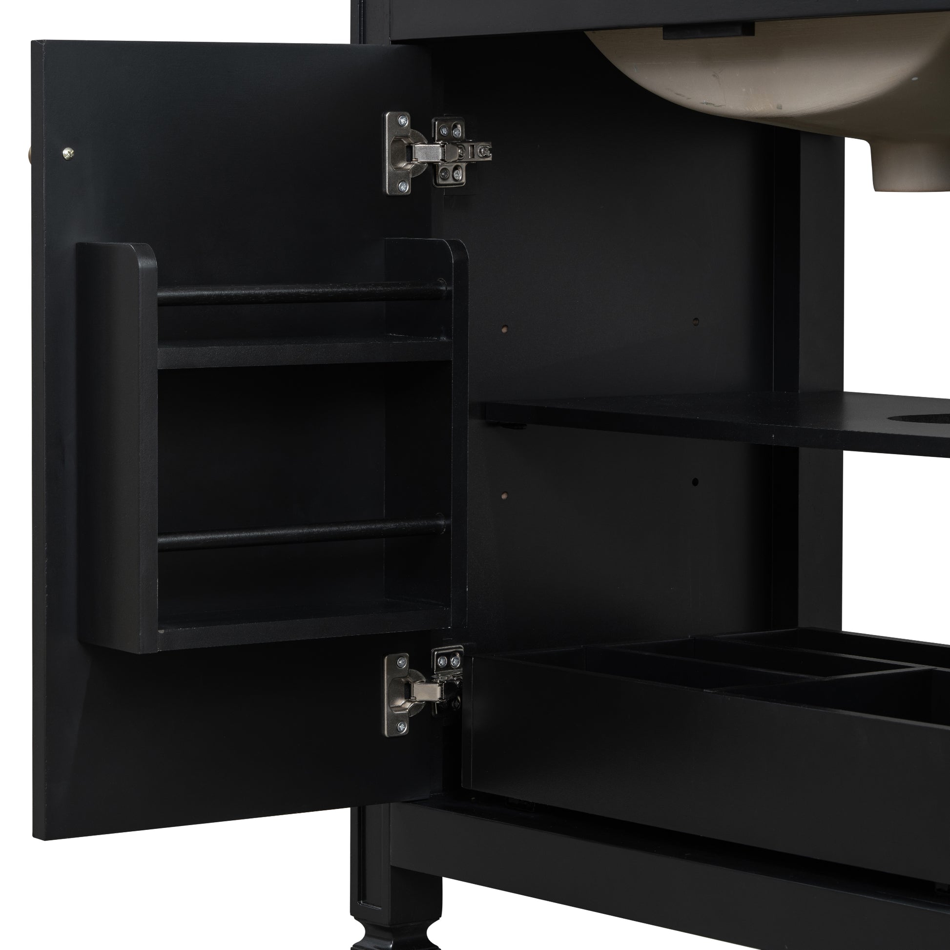 60" Double Sink Bathroom Vanity Set with Matching Wall Mount Medicine Cabinet, Vintage Raised Round Panel Doors & Tapered Legs, Soft Close Hinges, Adjustable Storage Shelves, Black image 11