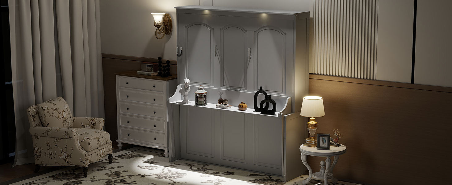 Queen Size Murphy Bed with Desk,LED Lights and USB Charging Station,Gray image 12