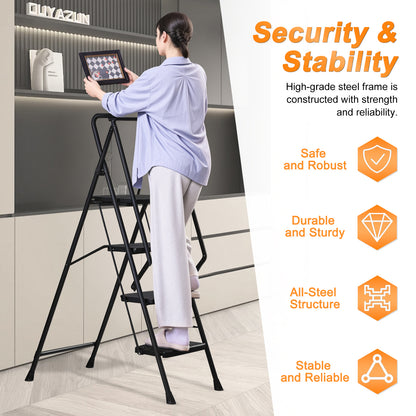 Four step ladder, lightweight folding four step stool, wide anti slip pedal and safety handle, sturdy steel ladder, multi-purpose step ladder, suitable for home, kitchen, and office elevators image 9