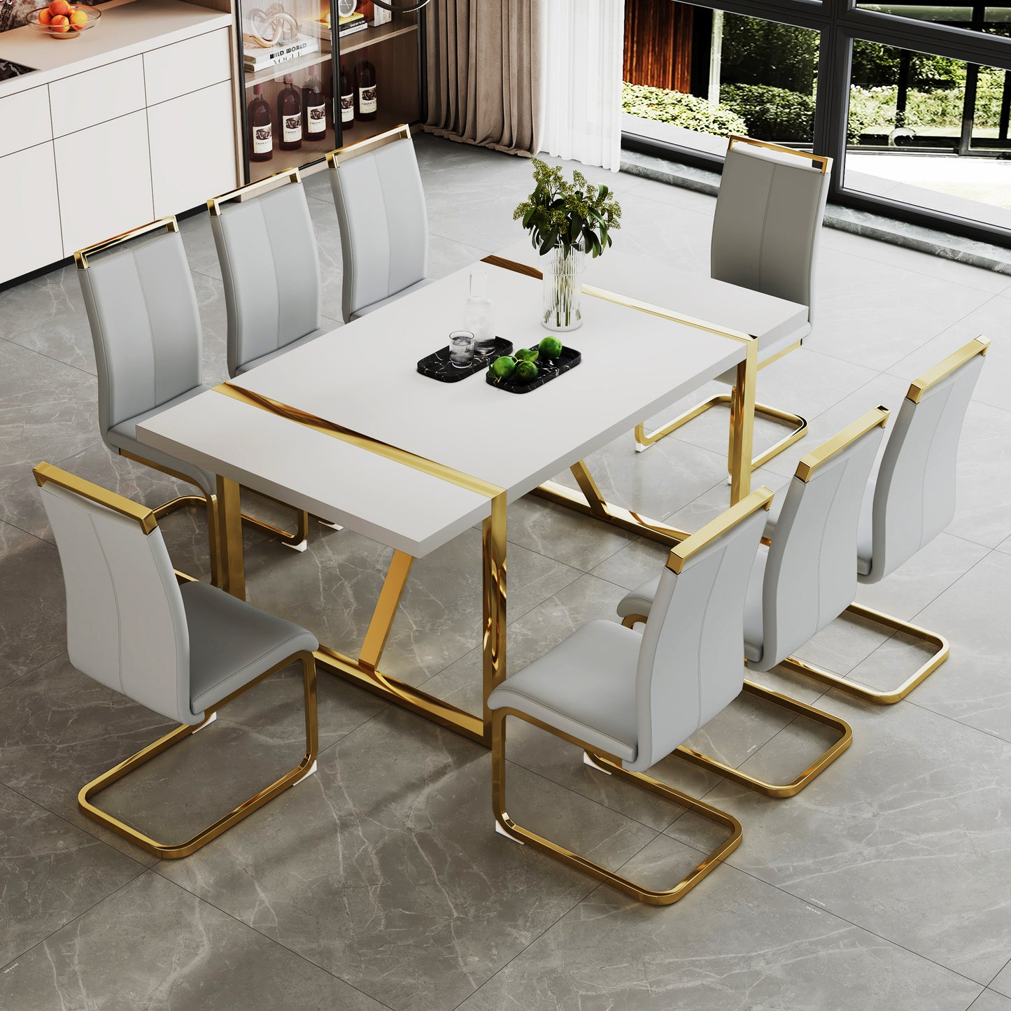 Industrial rectangular MDF material white dining table, equipped with a 2.3-inch thick tabletop and golden metal legs, used for writing desks, restaurants, and living rooms71"*39.3"*30" image 7