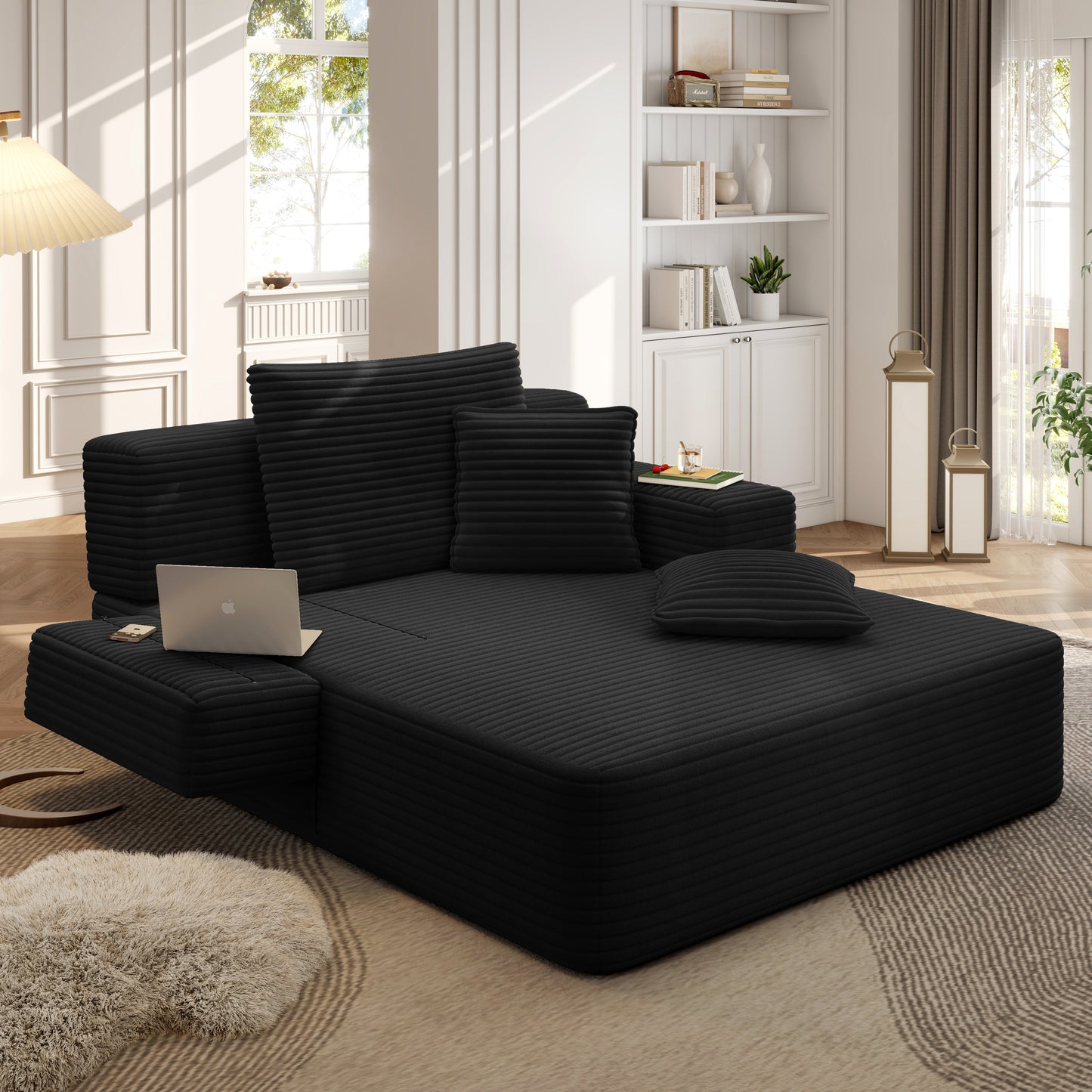 Luxurious Plush Corduroy Chaise Lounge with 3 Pillows, Convertible Sofa Bed with Storage Pocket, Frameless Design & Compression Foam for Small Spaces, Living Room, Apartment,Black image 7