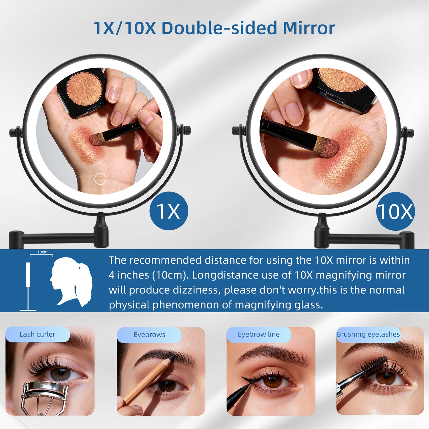 Wall Mounted Lighted Makeup Mirror, 1000mAh Rechargeable Double Sided 1X/10X Magnifying Mirror with Light,3 Color Lights,Touch Dimmable, Extended Arm 360 Rotation Wall Mounted Makeup Mirror image 8