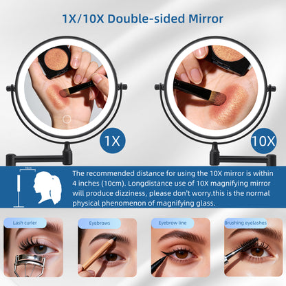 Wall Mounted Lighted Makeup Mirror, 1000mAh Rechargeable Double Sided 1X/10X Magnifying Mirror with Light,3 Color Lights,Touch Dimmable, Extended Arm 360 Rotation Wall Mounted Makeup Mirror image 8