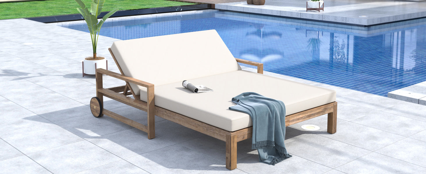 TREXM 1-Piece Farmhouse-styled Wooden Outdoor Sunbed for Ultimate Relaxation Outdoor Daybed Seating 2 People for Poolside, Garden and Backyard (Beige) image 4
