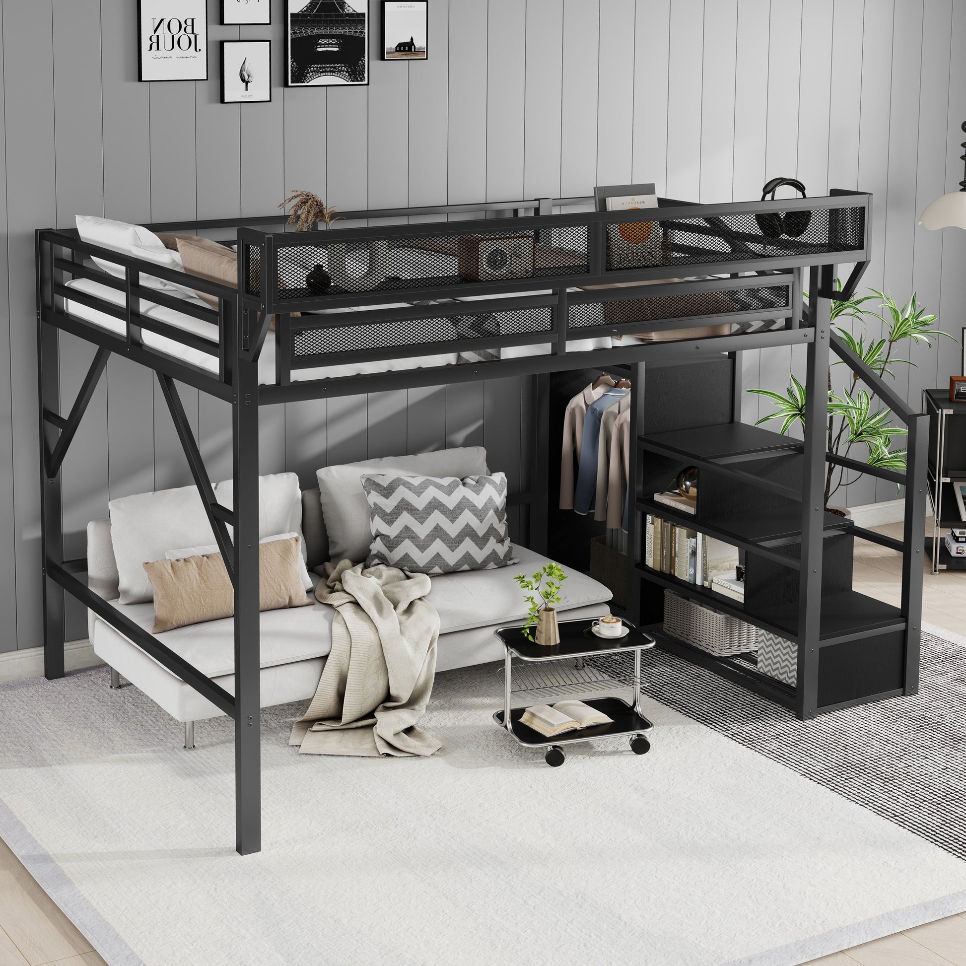 Queen Size Loft Bed with Stairs, Metal Queen Loft Bed with Storage Shelves, High Loft Bed with Wardrobe for Kids Teens Adults, Black(Old skuW2580S00038) image 4