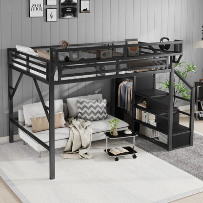 Queen Size Loft Bed with Stairs, Metal Queen Loft Bed with Storage Shelves, High Loft Bed with Wardrobe for Kids Teens Adults, Black(Old skuW2580S00038) image 4