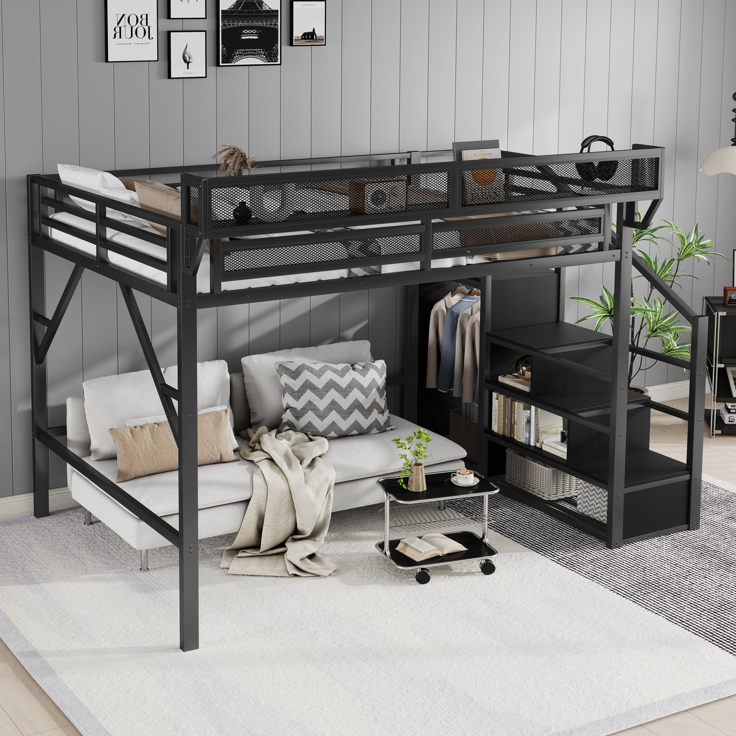 Full Size Loft Bed with Stairs, Metal Full Loft Bed with Storage Shelves, High Loft Bed with Wardrobe for Kids Teens, Black(Old skuW2580S00037) image 3