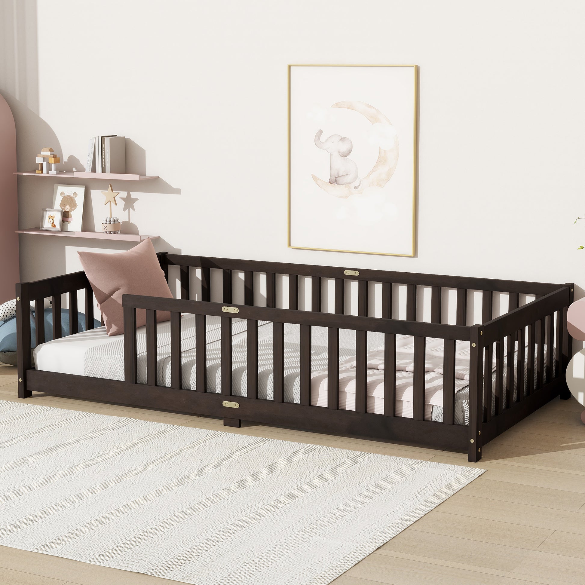 Twin Size Floor Bed with Fence without Door, Rubber Wood Floor Bed with Safety Guardrails,Espresso (Old Sku W504P286398) image 3