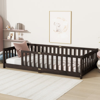 Twin Size Floor Bed with Fence without Door, Rubber Wood Floor Bed with Safety Guardrails,Espresso (Old Sku W504P286398) image 3