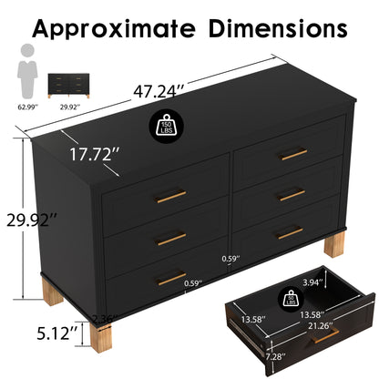 6-Drawer Double Dresser, Modern Storage Cabinet with Metal Handles & Solid Wood Legs, Dresser Drawer Organizer for Kids Bedroom, Heavy-Duty Wooden Dresser with Pre-Installed,Black image 7