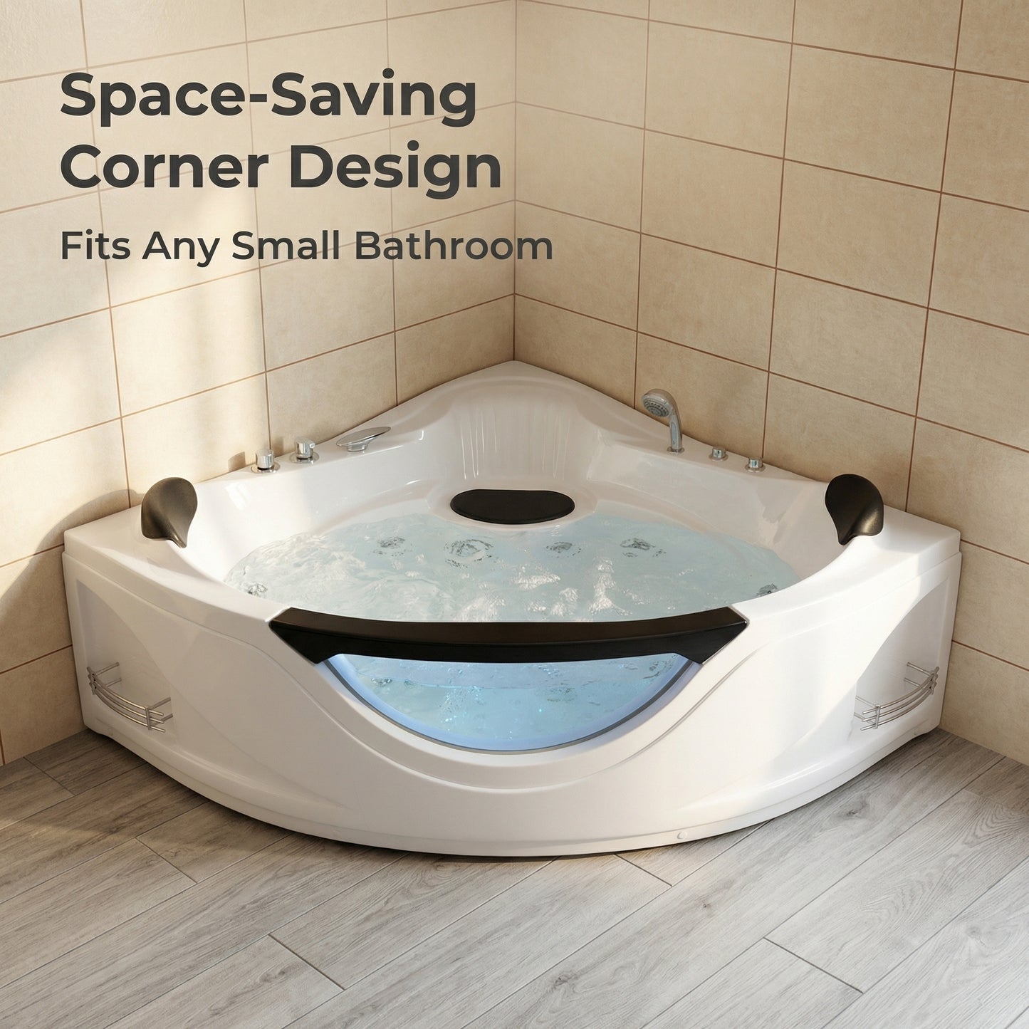 59" Corner Whirlpool Bathtub for 2-Person, Luxury Jetted Spa Tub with 6 Hydro Massage Jets, Chromatherapy LED Lights &Pneumatic adjust system, UL Certified water pump,UPC Certified drainer image 7