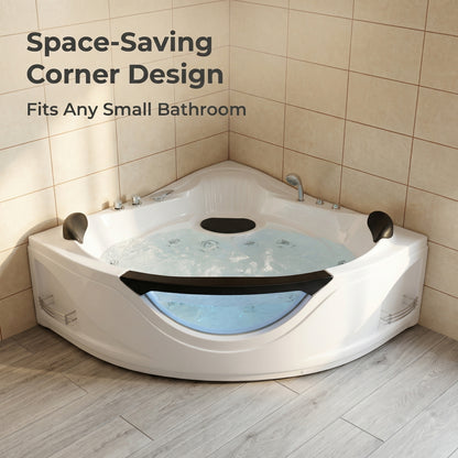 59" Corner Whirlpool Bathtub for 2-Person, Luxury Jetted Spa Tub with 6 Hydro Massage Jets, Chromatherapy LED Lights &Pneumatic adjust system, UL Certified water pump,UPC Certified drainer image 7