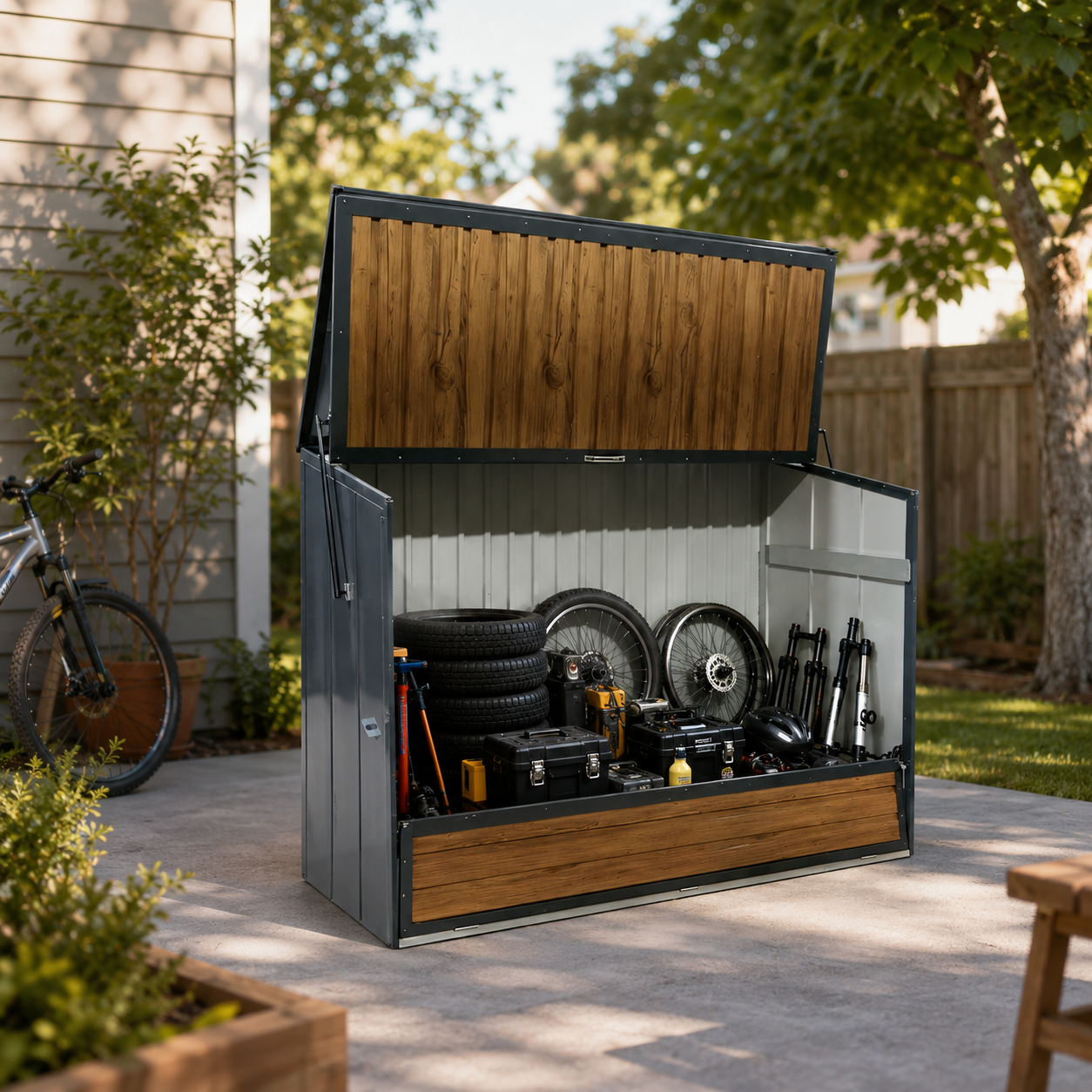 Wood Grain Galvanized Steel Storage Cabinet, Lift-Up Top & Foldable Front Door Large Capacity Tool Cabinet for Indoor, Garage & Backyard Use 594.39 US Gal 2.25m³ image 1