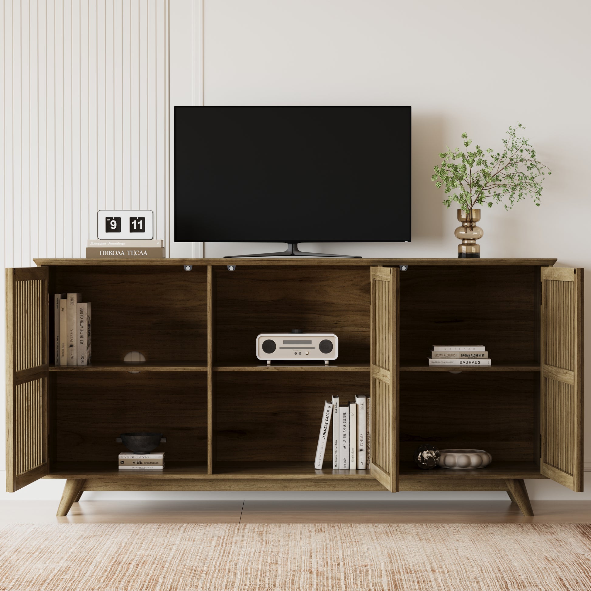 58.86" Solid Knot-Free Pine Wood TV Stand, Mid-Century Modern Storage Cabinet with No Handle Doors and Adjustable Shelf, Entertainment Center for Living Room, Bedroom, Kitchen, Natural image 5