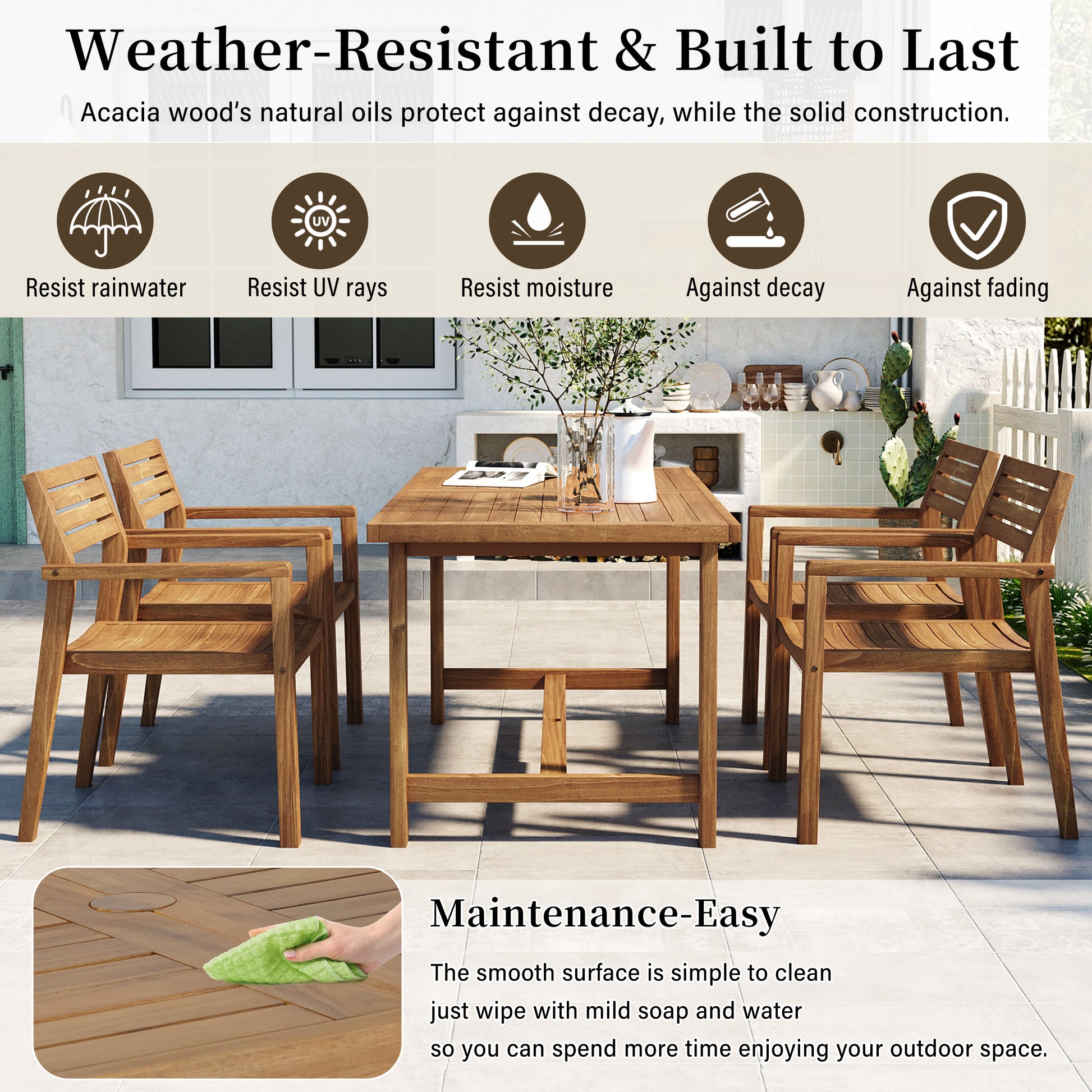U_STYLE 5-Piece Outdoor Acacia Wood Outdoor Dining Set of 4,59.06-Inch Rectangular Table with Umbrella Hole,Suitable for Patio, Lawn, Garden, Poolside, & Indoor Use image 8