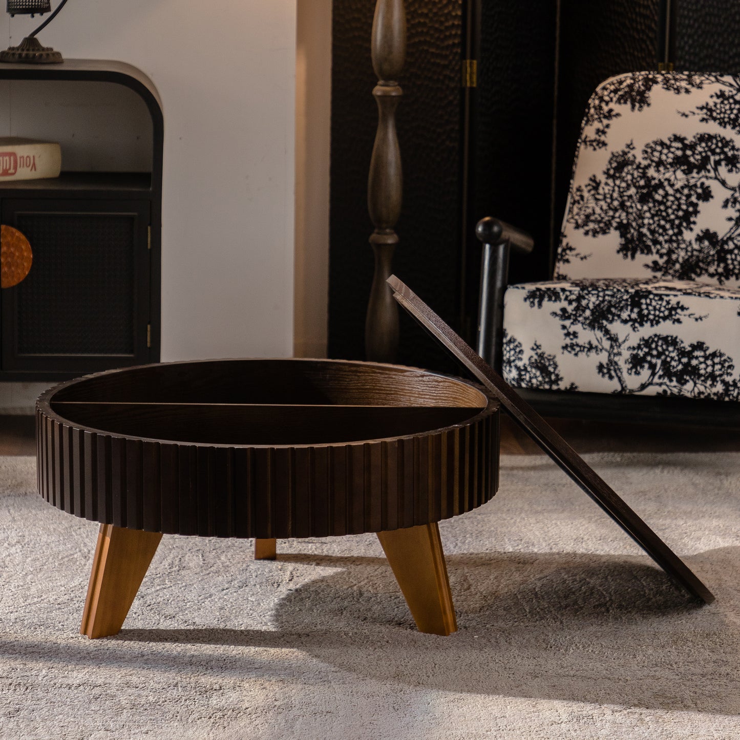 31.5" Retro Round Coffee Table with Storage Space, Suitable for Living Room and Office, Brown image 6
