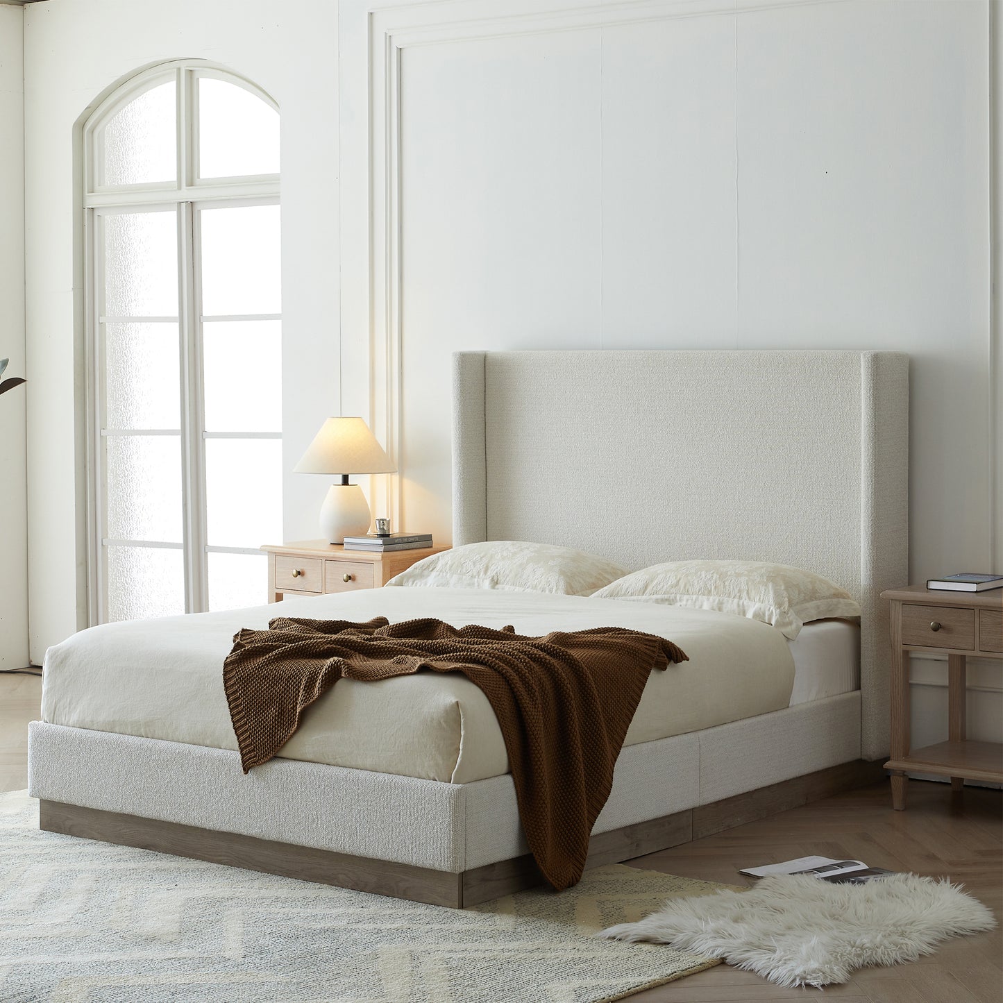 Hosford Upholstered Wingback Bed / Upholstered Wood Base Platform Bed / 52.5" High Headboard / Minimalist / Rusticity / No Box Spring Needed / King / Cream White Boucle / No Noise image 2
