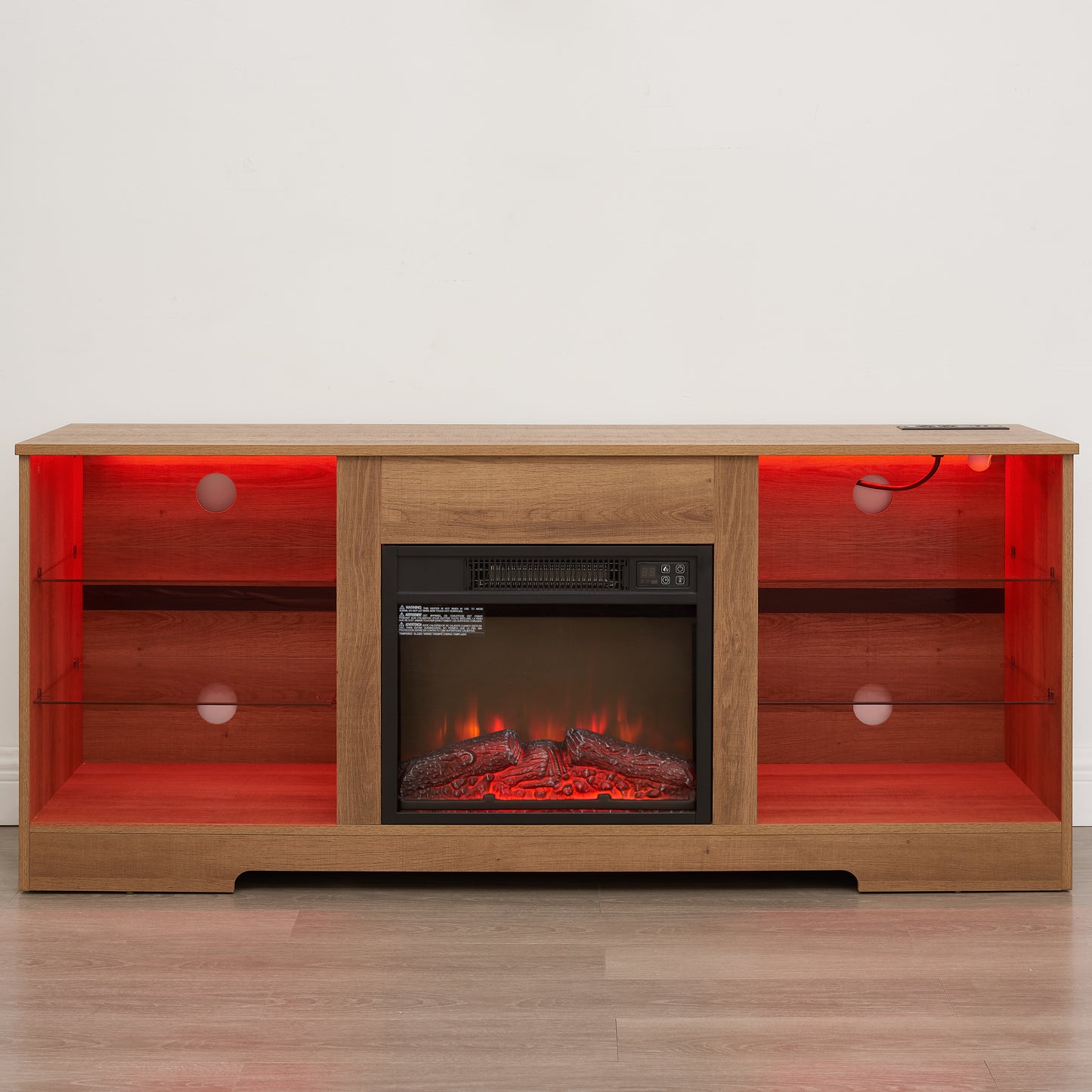 TV Stand Electric Fireplace TV Stand with Glass Shelves, 3D Fireplace TV Stand with LED Lights Wood with USB Charging Outlet Modern Television Table Center for TV up to 32-62" OAK 58'W*15.4''D*24.6 image 10