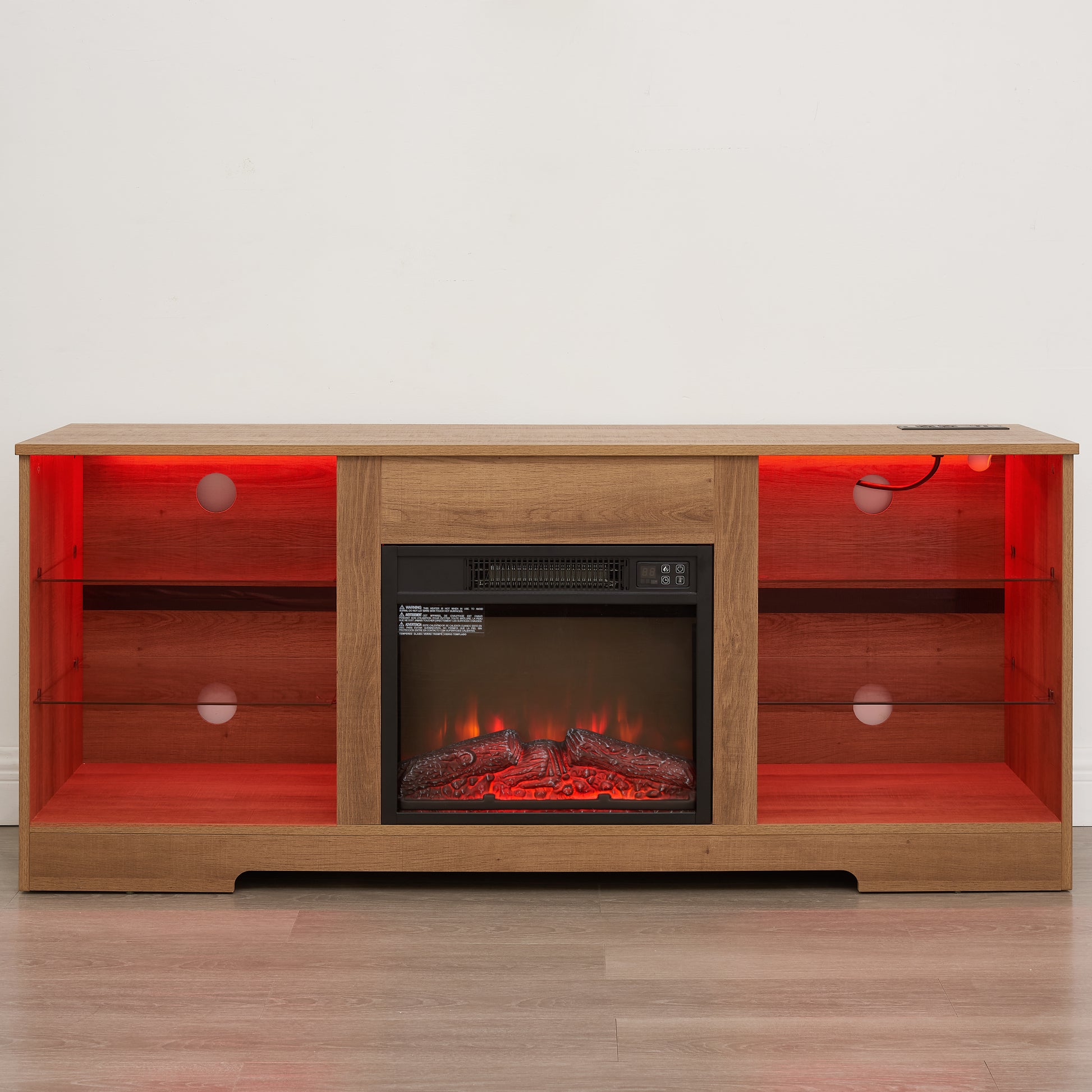 TV Stand Electric Fireplace TV Stand with Glass Shelves, 3D Fireplace TV Stand with LED Lights Wood with USB Charging Outlet Modern Television Table Center for TV up to 32-62" OAK 58'W*15.4''D*24.6 image 10