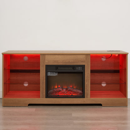 TV Stand Electric Fireplace TV Stand with Glass Shelves, 3D Fireplace TV Stand with LED Lights Wood with USB Charging Outlet Modern Television Table Center for TV up to 32-62" OAK 58'W*15.4''D*24.6 image 10