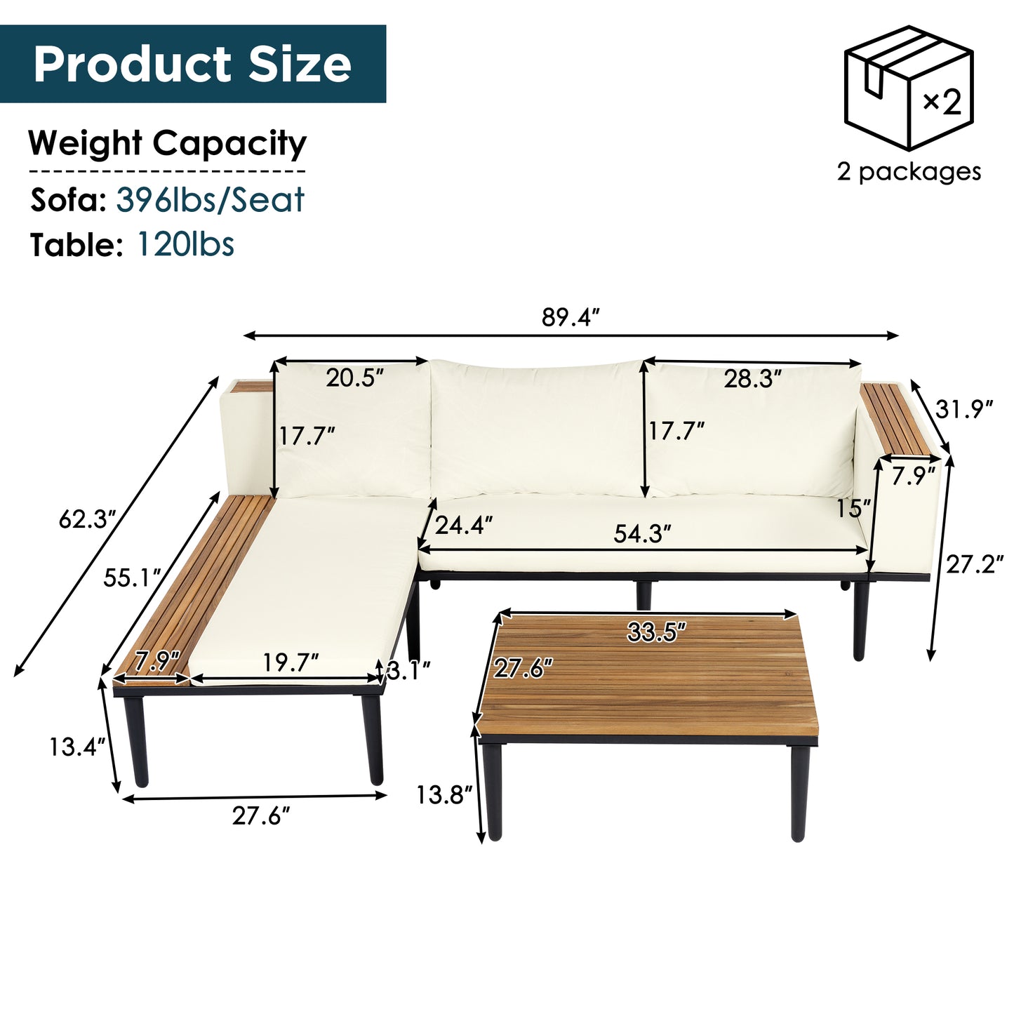 <Old SKU: N704G201251A>Luxury Patio Furniture Set with Removable Cushions and Coffee Table, L-Shaped Acacia Wood Sofa with Side table, Outdoor Conversation Sectional Sofa for Backyard, Porch, Beige image 5
