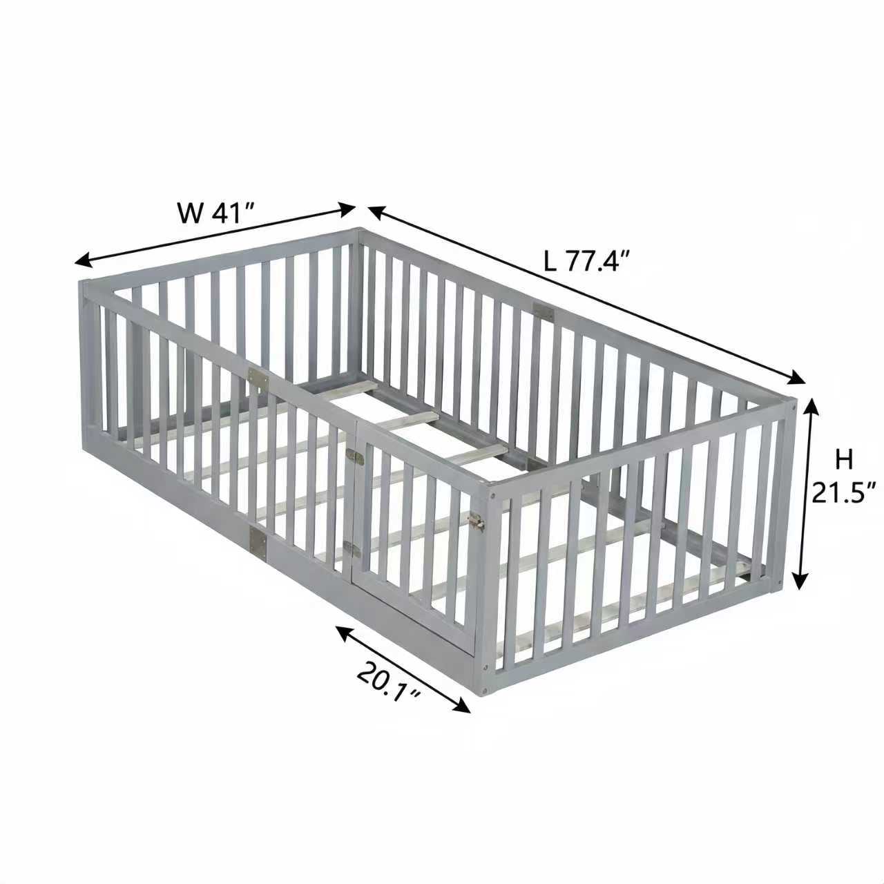 Twin Size Floor Bed with High Fence Railings, with Door, Rubber Wood Floor Bed with Safety Guardrails,Grey image 9