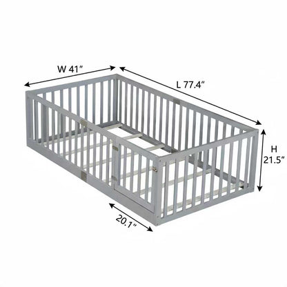 Twin Size Floor Bed with High Fence Railings, with Door, Rubber Wood Floor Bed with Safety Guardrails,Grey image 9