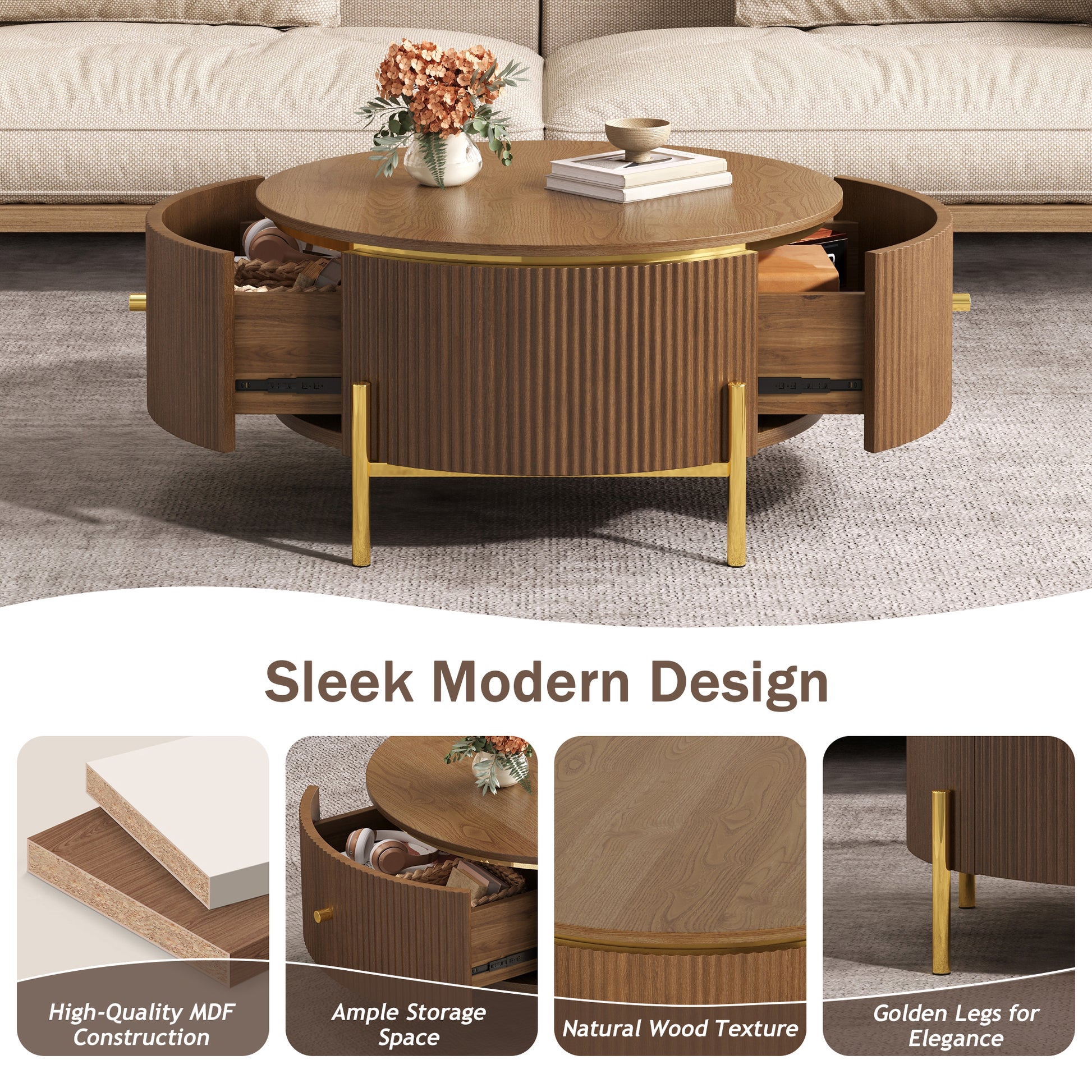 Modern Round Coffee Table with 2 large Drawers Storage Accent Table, Brown, 31.5" image 5