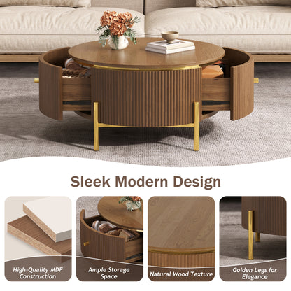 Modern Round Coffee Table with 2 large Drawers Storage Accent Table, Brown, 31.5" image 5