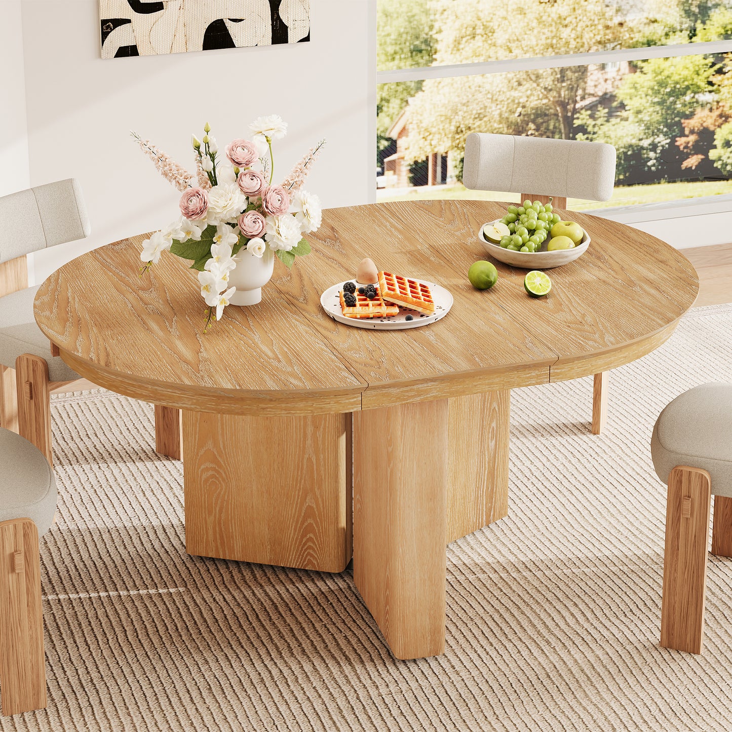 TREXM Oval Extendable Dining Table, Modern Farmhouse Kitchen Table with Pedestal Base and Adjustable Foot Pads for Dining Room, Kitchen (Natural) image 1