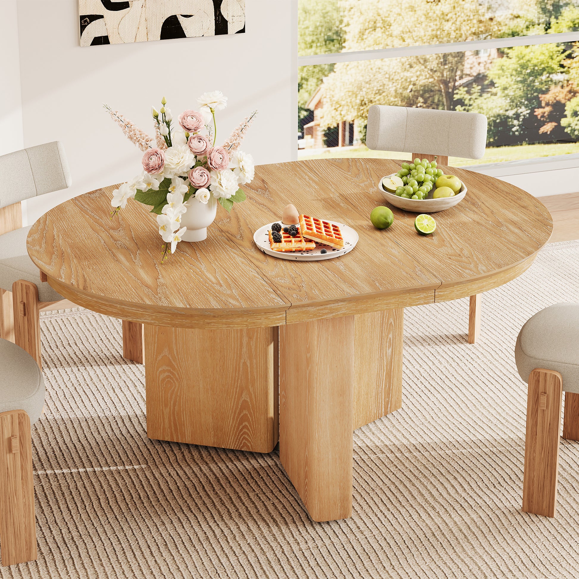 TREXM Oval Extendable Dining Table, Modern Farmhouse Kitchen Table with Pedestal Base and Adjustable Foot Pads for Dining Room, Kitchen (Natural) image 1