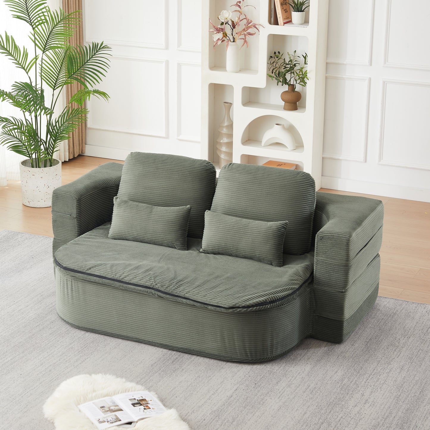 75''2-in-1 Foldable Sofa,Convertible Sleeper Foam Sofa Bed with Multi Functional Blanket, Corduroy Floor folding sofa bed, Floor Sofa Lounge Sofa for Living Room Bedroom Lounge Studio image 2