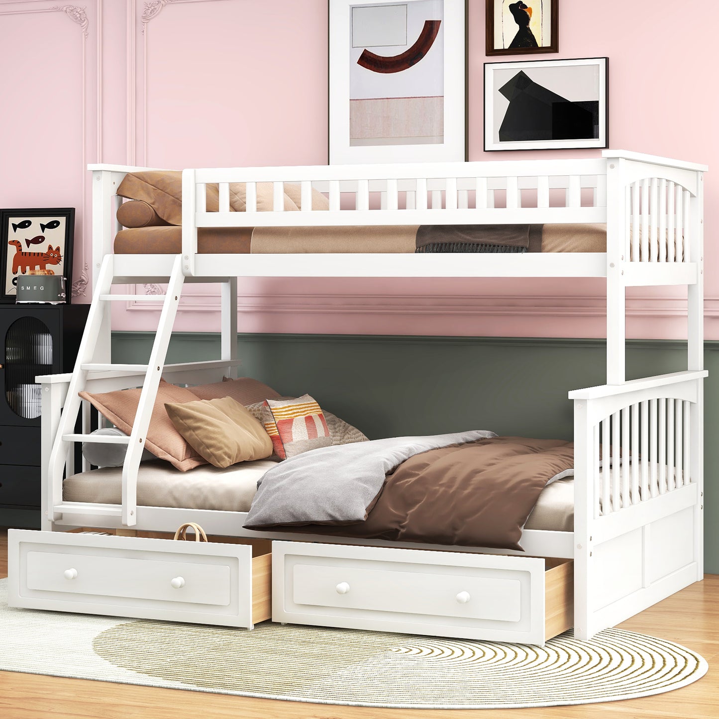 Twin over Full Bunk Bed with Drawers, Convertible Beds, White image 1