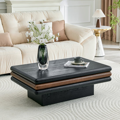 Modern 3-Tier Stacked Rectangular Coffee Table, MDF with Wood Veneer, Walnut & Black Accent Center Table for Living Room image 3