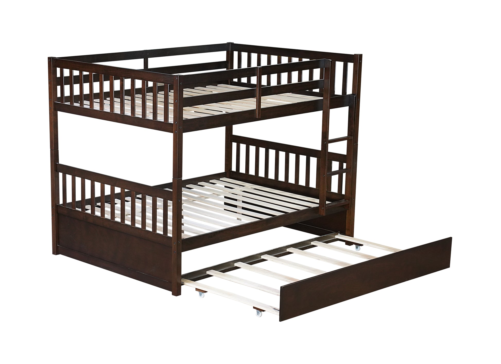 Full Over Full Rubber Wood Bunk Bed with Trundle, Ladder and Guardrails, Convertible to 2 Full Size Beds, with Twin Size Trundle,Espresso image 3