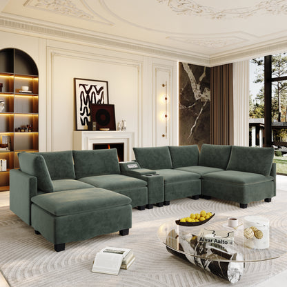 121.2" Modular U-Shaped Cloud Sectional Sofa with Movable Ottoman, Chenille Convertible Sofa Bed with Hidden Storage & USB Ports & Cup Holders & Bluetooth Speaker for Living Room, Apartments, Green image 5