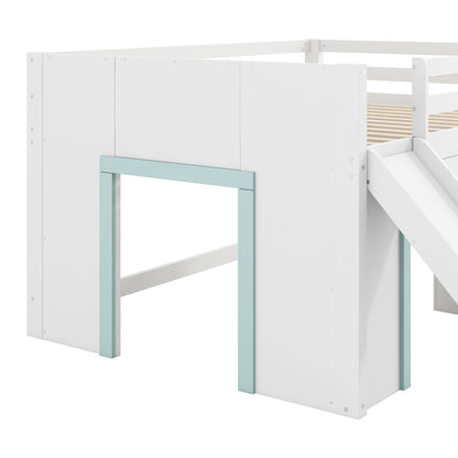 Full Size Low Loft Bed with Slide,Three Storage Drawers and Two Doors,White image 12