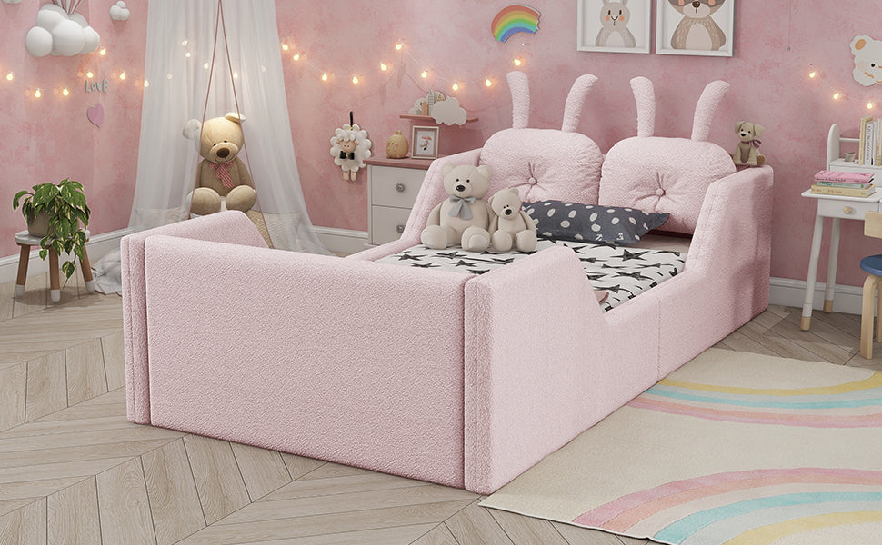 Twin Size Upholstered Platform Bed with Rabbit Cushion, Kids Floor Upholstered Bed with Removable Side Rails, Pink(Old SKUW2593P395807 Expect Arrival Date 2026/7/14) image 5