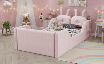 Twin Size Upholstered Platform Bed with Rabbit Cushion, Kids Floor Upholstered Bed with Removable Side Rails, Pink(Old SKUW2593P395807 Expect Arrival Date 2026/7/14) image 5