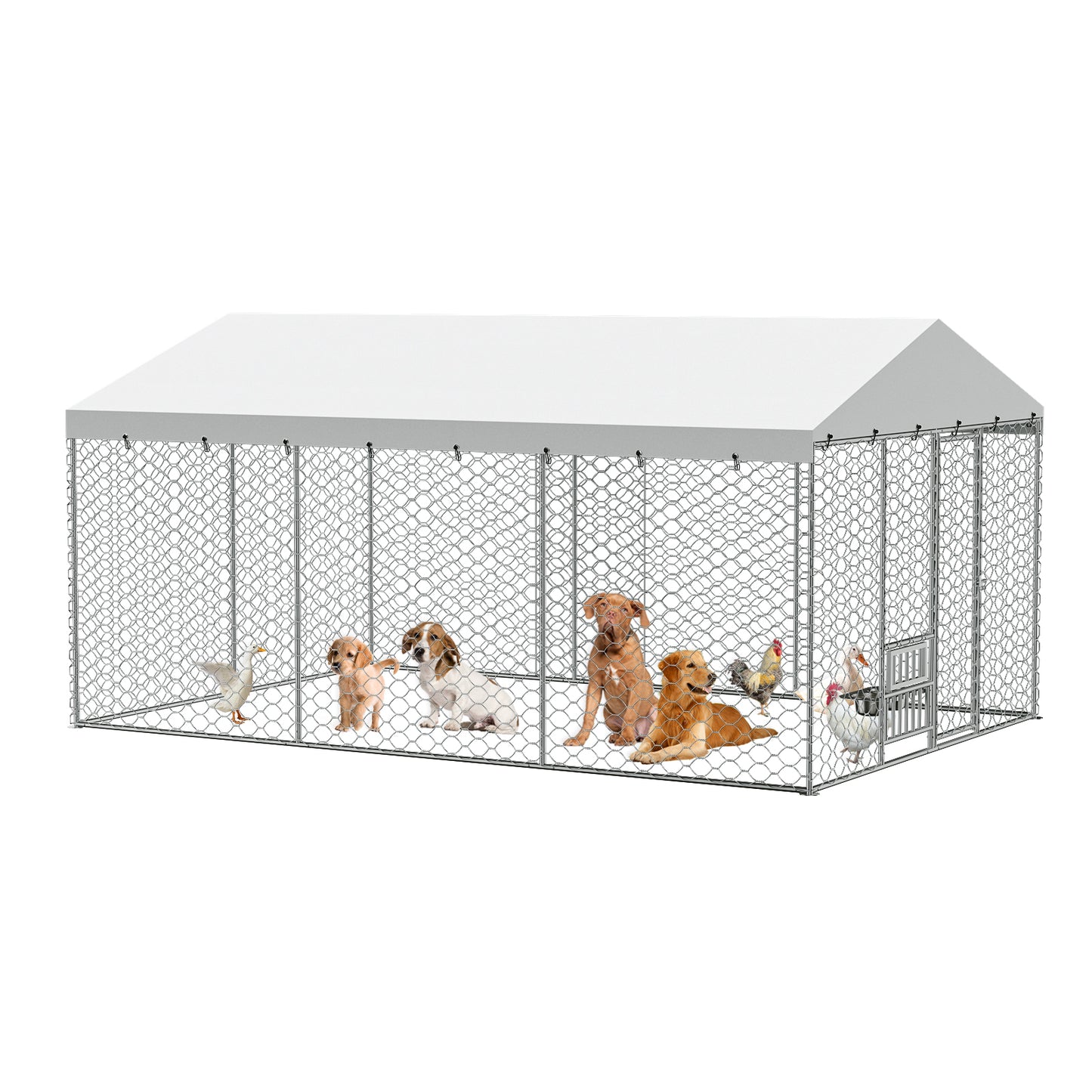 15x10 FT Large Outdoor Dog Kennel with Canopy, Heavy Duty Galvanized Steel Frame, Waterproof Cover, Built-in Elevated Feeding Bowls, Escape-Proof Lockable Pet Playpen for Large Dogs & Multiple Animal image 2