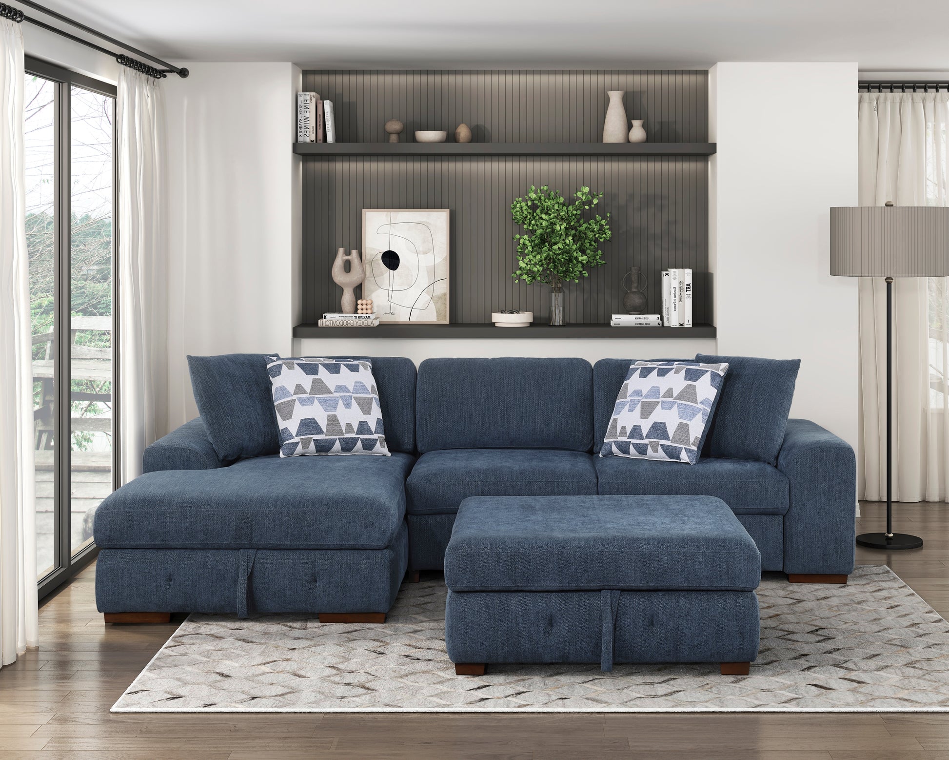 Modern Blue One Arm 2-Seater Sofa with Pull-out Bed Right Side Tufted Chenille Fabric Upholstery Solid Wood Living Room Furniture 1pc image 9