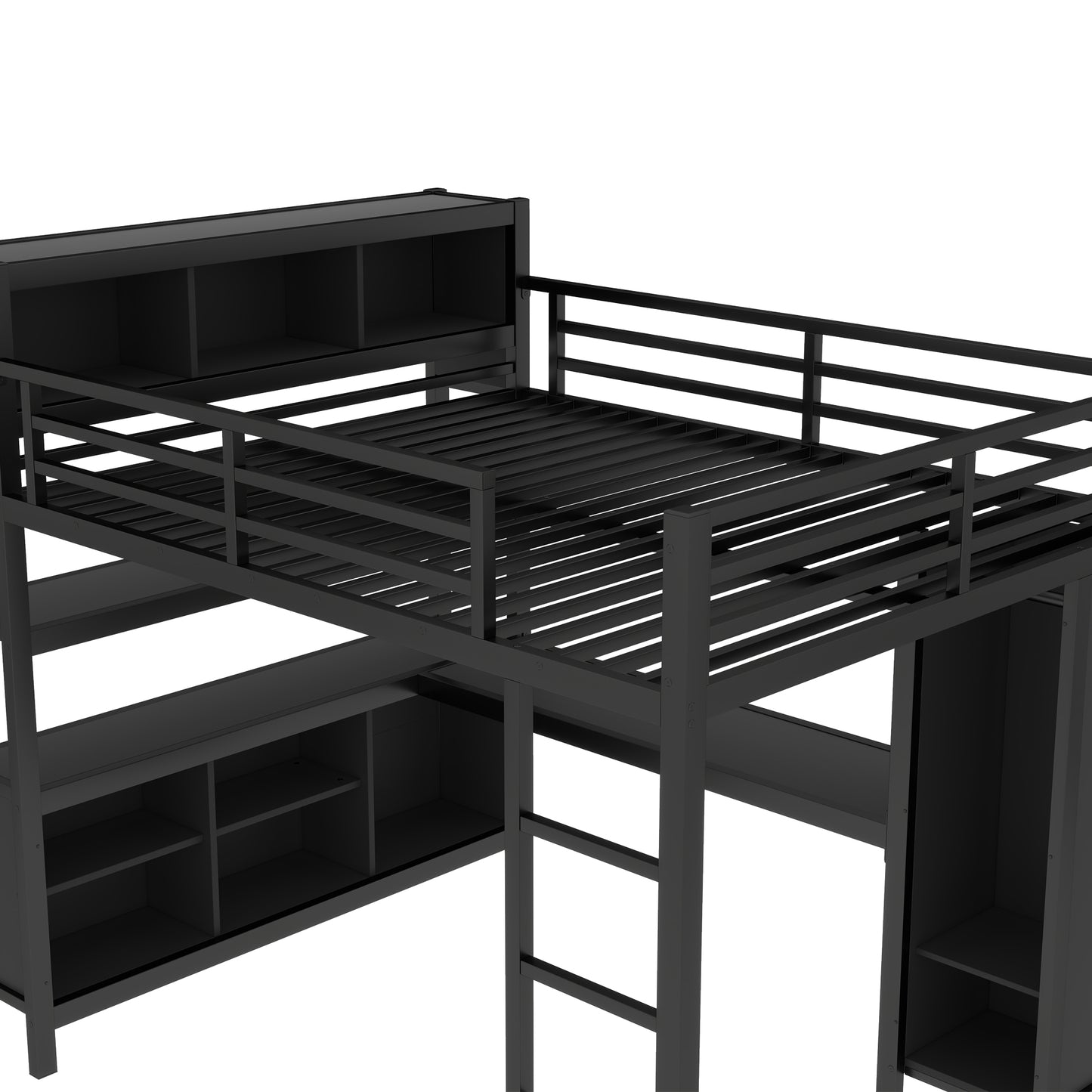 Metal Loft Bed with Wardrobe And L-shaped Desk, Queen Size Loft Bed with Storage Cubes and Shelves, Heavy Duty Loft Bed for Kids Teens Adults, Black image 6