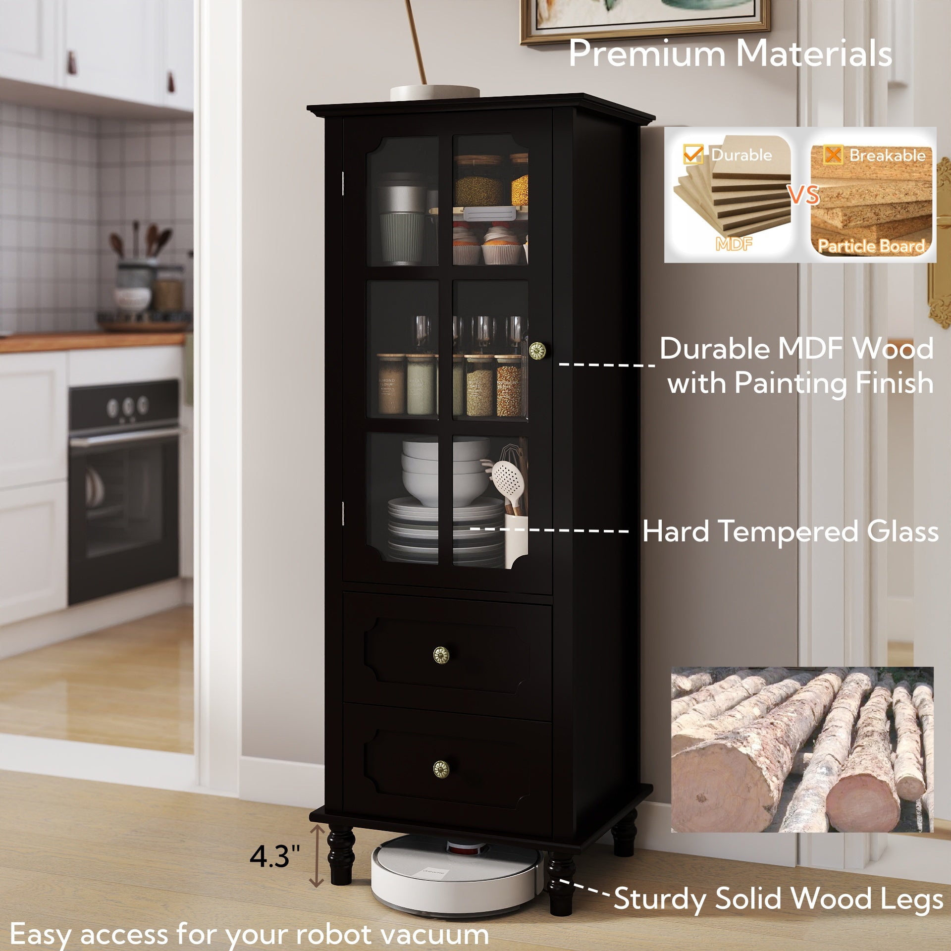 Black Tall Storage Cabinet with Glass Door & 2 Drawers, Narrow Freestanding Sideboard Buffet with Adjustable Shelves, Farmhouse Retro Pantry Cupboard for Dining Room, Living Room, Bathroom, Stud image 7
