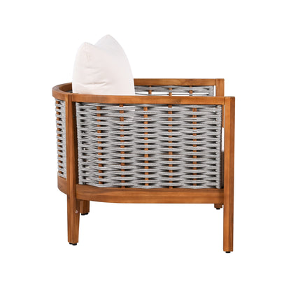 Outdoor Unique Tub Design Armchair with Woven Rope, Patio Furniture Acacia Wood Chair, Deep Seating with Soft Cushions for Porch, Garden, Backyard, Balcony, Teak Finish & Beige Cushion image 6
