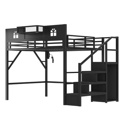 Queen Size Loft Bed with Stairs, Metal Queen Loft Bed with High and House Shaped Guardrails, High Loft Bed with Wardrobe for Kids Teens, black (Expect Arrival Date2026/3/17) image 10