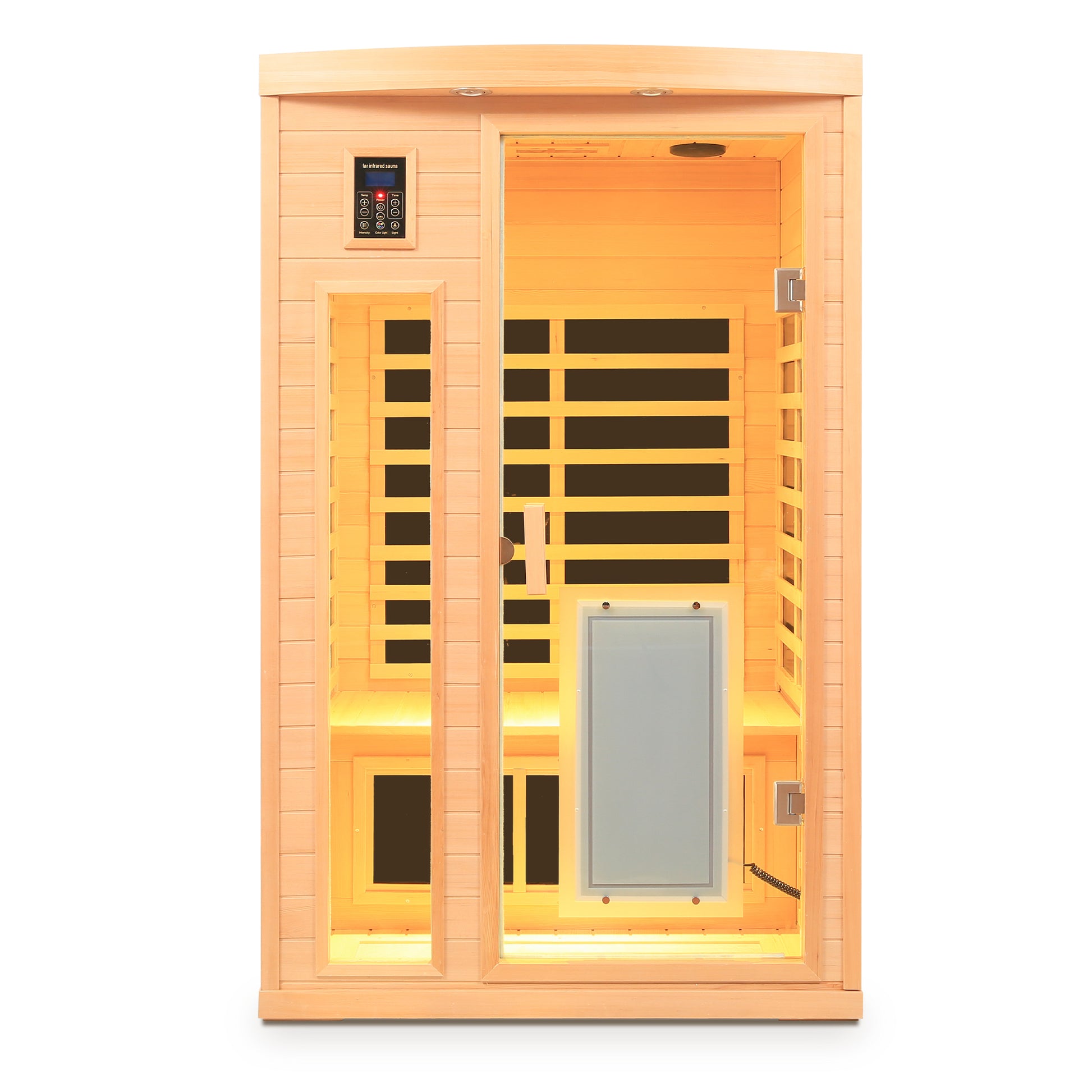 Low EMF, There is also a heating plate on the glass door, Hemlock wood Far-infrared indoor Two person sauna room image 4